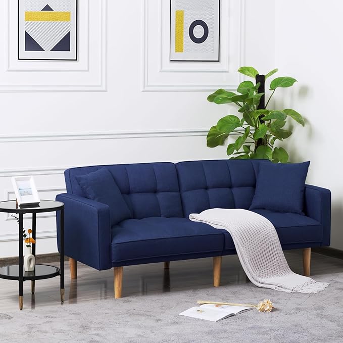 70.9" Modern Folding Sofa Bed Living Room Furniture Sets Futon Couch Convertible Tufted Loveseat with Adjustable Backrest for Lounge Sturdy Wood Legs Fabric Home Recliner Sofá, Blue-4 - LeafyLoom