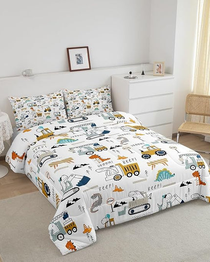 Feelyou Construction Bedding Set Queen Size Equipment Trucks Comforter Set for Kids Boys Girls Decor Dinosaur Comforter 3D Digital Print Yellow Duvet Set Bedroom Quilt Set - LeafyLoom