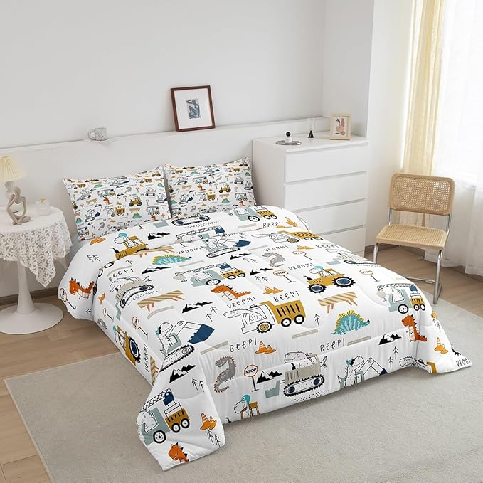 Feelyou Construction Bedding Set Queen Size Equipment Trucks Comforter Set for Kids Boys Girls Decor Dinosaur Comforter 3D Digital Print Yellow Duvet Set Bedroom Quilt Set - LeafyLoom