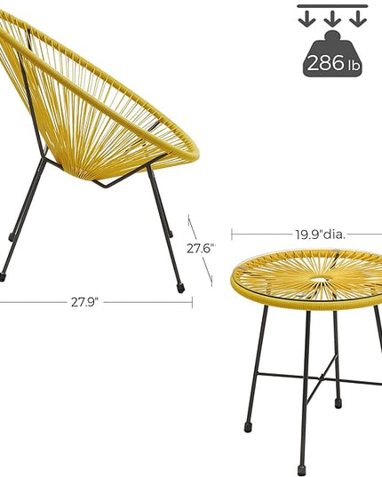 SONGMICS 3-Piece Outdoor Seating Acapulco Chair, Modern Patio Furniture Set, Glass Top Table and 2 Chairs, Indoor and Outdoor Conversation Bistro Set, Yellow UGGF011Y01 - LeafyLoom