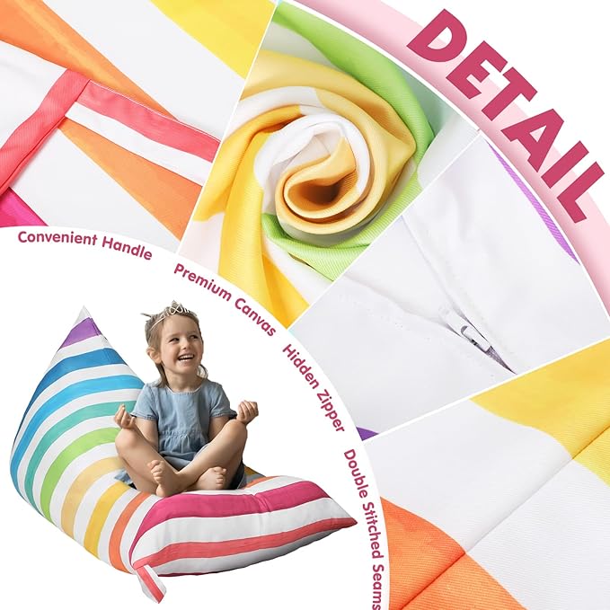 Stuffed Animal Storage Bean Bag Chair Cover Organizer Extra Large Beanbag Stuffed Animal Holder Canvas Stuff Animal Storage Sleeping Storage Bean Bag Chair Without Filling for Kids (Rainbow Style) - LeafyLoom