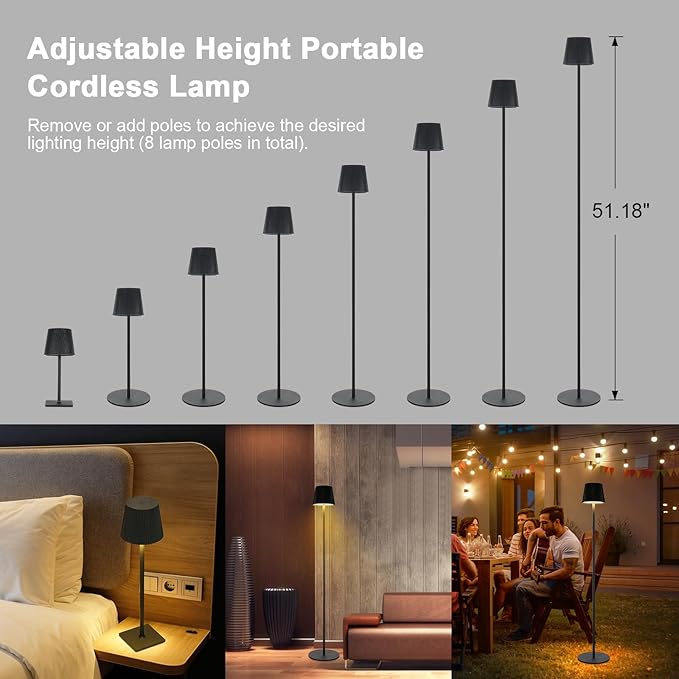 Neoglint Cordless Floor Lamp for Outdoor/Indoor, Touch Control Adjustable Height LED Lamp, Dimmable Rechargeable Battery Operated Lamp for Bedroom, Living Room, Patio (Round) - LeafyLoom
