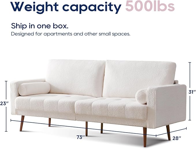 Vonanda Velvet Boucle Sofa Couch, Mid-Century 73 Inch 3 Seater Couch with Hand-Stitched Comfy Cushion and Bolster Pillows for Living Room, Elegant Boucle White - LeafyLoom