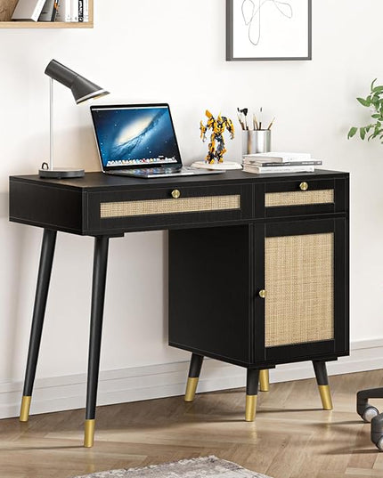 Anmytek Rattan Vanity Desk with Drawers and Storage, Black Makeup Vanity Table Modern Home Office Desk Computer Desk for Study D0005 - LeafyLoom