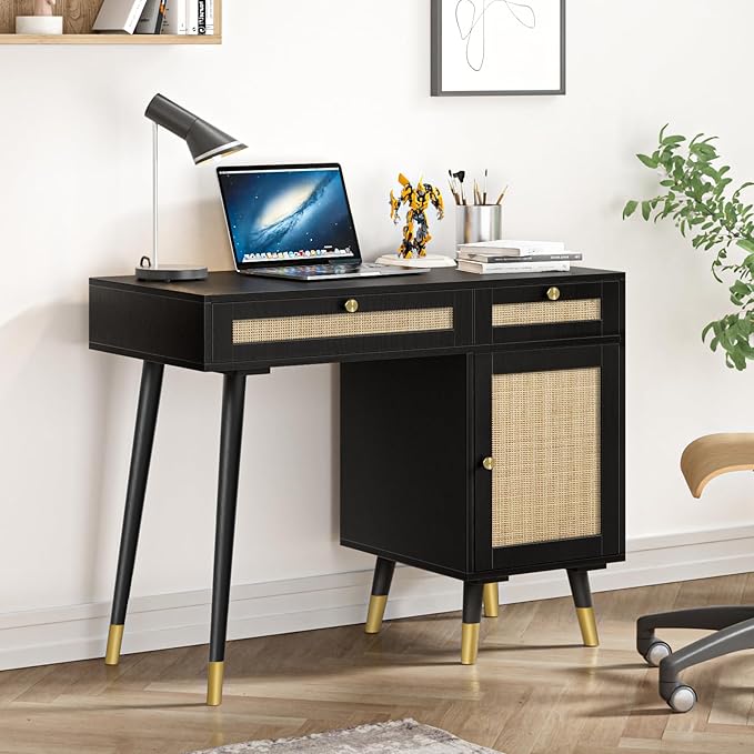 Anmytek Rattan Vanity Desk with Drawers and Storage, Black Makeup Vanity Table Modern Home Office Desk Computer Desk for Study D0005 - LeafyLoom