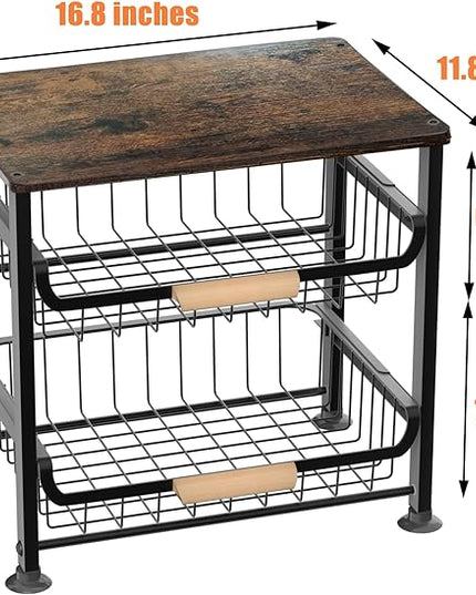 3-Layer Kitchen Fruit Storage Basket Snack Rack, countertop Storage Rack, Stackable Storage Rack with Desktop, Pull-Out Hollow Metal Storage Basket with Handle, Kitchen Organizers & Storage - LeafyLoom
