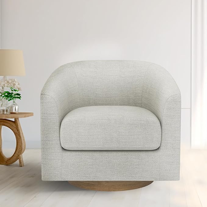 MUUEGM Accent Chair with Arms, 360 Degree Swivel Accent Chair with Wood Base, Modern Barrel Chair for Living Room, Bedroom, Waiting Room, Fully Assembled,Performance Fabric in Ivory White - LeafyLoom