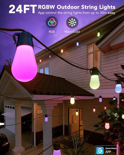 Govee Smart Outdoor String Lights H7029, 24ft RGBIC Outdoor Lights with 8 Dimmable LED Bulbs, IP65 Waterproof, Color Changing Warm White Lights with 47 Scene Modes for Patio, Backyard, App Control Govee