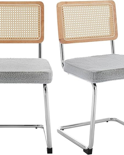 Rattan Dining Chairs Set of 2, Mid Century Modern Sherpa Dining Room Kitchen Chairs with Cane Back, Metal Chrome Legs, Upholstered Wicker Armless Accent Chairs, Grey - LeafyLoom
