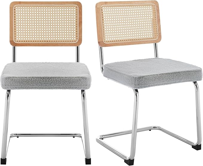 Rattan Dining Chairs Set of 2, Mid Century Modern Sherpa Dining Room Kitchen Chairs with Cane Back, Metal Chrome Legs, Upholstered Wicker Armless Accent Chairs, Grey - LeafyLoom