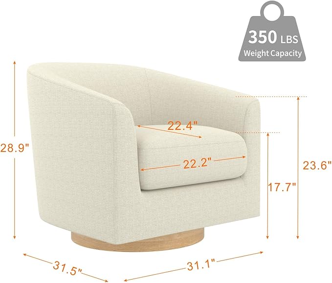 MUUEGM Accent Chair with Arms, 360 Degree Swivel Accent Chair with Wood Base, Modern Barrel Chair for Living Room, Bedroom, Waiting Room, Fully Assembled,Performance Fabric in Gesso White - LeafyLoom