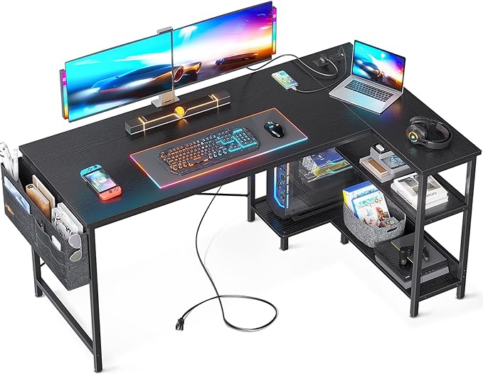 ODK 55 Inch Small L Shaped Computer Desk with Power Outlets, Corner Desk with PC Stand & Reversible Storage Shelves for Small Space Home Office Workstation, Modern Simple Writing Study Table, Black - LeafyLoom