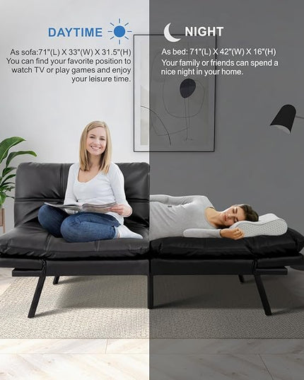 MUUEGM Faux Leather Futon Sofa Bed, Convertible Memory Foam Couch Bed, Modern Love Seat for Living Room,Compact Space,Apartment,Office,Adjustable Backrests Armrests Couch Sleeper,71" Matte Black - LeafyLoom