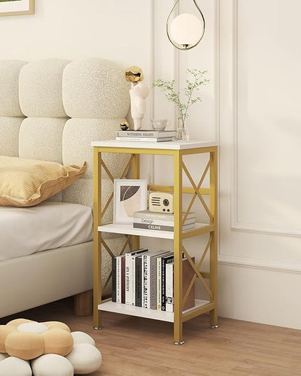 YMYNY 3 Tiers Bookcase, Industrial Metal Bookshelf with Side Fence, Storage Organizer for Living Room, Home Office, Bedroom, Display Racks, Sofa Side Table, 29.5 * 15.75 * 11.4", White UHST008W - LeafyLoom