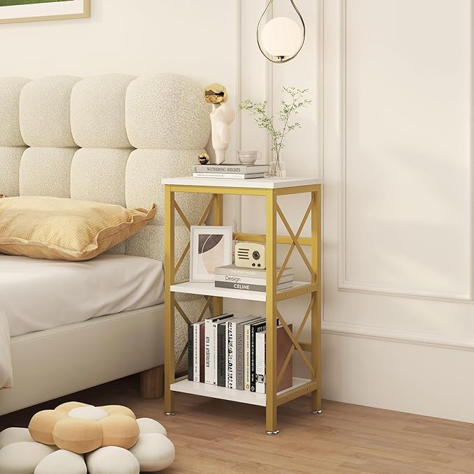 YMYNY 3 Tiers Bookcase, Industrial Metal Bookshelf with Side Fence, Storage Organizer for Living Room, Home Office, Bedroom, Display Racks, Sofa Side Table, 29.5 * 15.75 * 11.4", White UHST008W - LeafyLoom