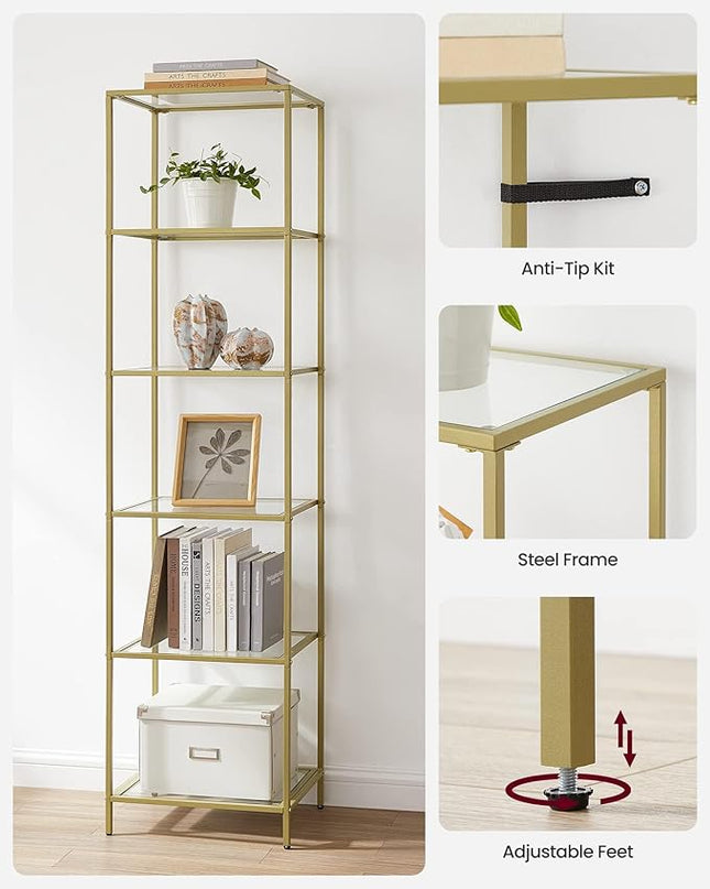 VASAGLE Bookcase, 6-Tier Bookshelf, Slim Shelving Unit for Bedroom, Bathroom, Home Office, Tempered Glass, Steel Frame, Metallic Gold ULGT500A01 - LeafyLoom