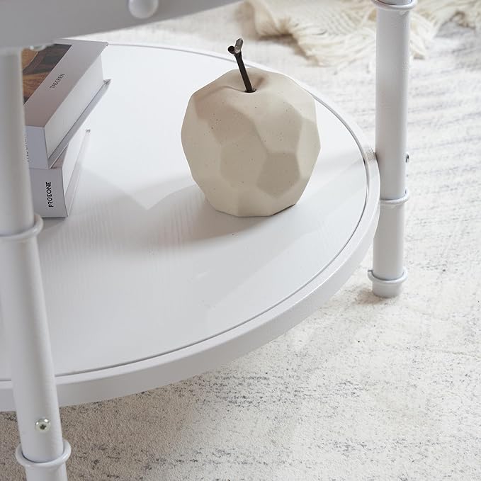 VINGLI 25.6" Natural White Round Farmhouse Coffee Table, 2-Tier Storage Wood Center Circle Accent Table for Living Room, Bedroom, Apartment, Studio and Small Spaces, Sturdy Metal Frame, Natural Color - LeafyLoom