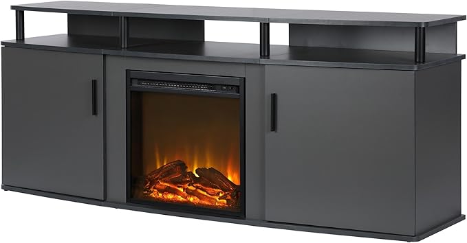 Ameriwood Home Carson Fireplace TV Stand for TVs up to 70 Inch, Replaceable Electric Fireplace Insert Heater, Realistic Log and Flame Effect, For Living Room or Bedroom, Gray - LeafyLoom