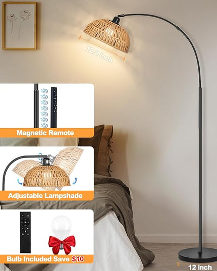 Boho Floor Lamp with Remote- Arc Tall Lamps, Bronze Floor Lamps with Stepless Dimmable Bulb, Hand-Worked Adjustable Rattan Lampshades, Brown Rattan Standing Lamp - LeafyLoom