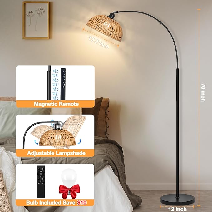 Boho Floor Lamp with Remote- Arc Tall Lamps, Bronze Floor Lamps with Stepless Dimmable Bulb, Hand-Worked Adjustable Rattan Lampshades, Brown Rattan Standing Lamp - LeafyLoom