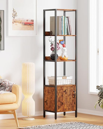 Furologee 5-Tier Bookshelf, Narrow Shelf with Storage Cabinet for Bedroom, Metal and Wood Shelf, Industrial Freestanding Display Tall Shelf for Living Room, Home Office, Bathroom, Rustic Brown - LeafyLoom