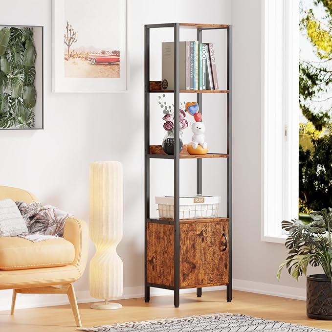 Furologee 5-Tier Bookshelf, Narrow Shelf with Storage Cabinet for Bedroom, Metal and Wood Shelf, Industrial Freestanding Display Tall Shelf for Living Room, Home Office, Bathroom, Rustic Brown - LeafyLoom