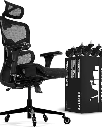 WELLNEW Prestige Ergonomic Office Chair - Height Adjustable Backrest Lumbar Support, Seat Depth Adjust, 3D Headrest, 4D Armrests, Blade Wheels, Mesh Computer Gaming Chairs Executive Swivel Chair - LeafyLoom