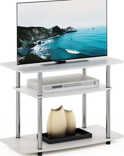 Furinno Turn-N-Tube No Tools 3-Tier Entertainment Center TV Stand for TV up to 32 Inch with Stainless Steel Tubes, White Oak/Chrome - LeafyLoom