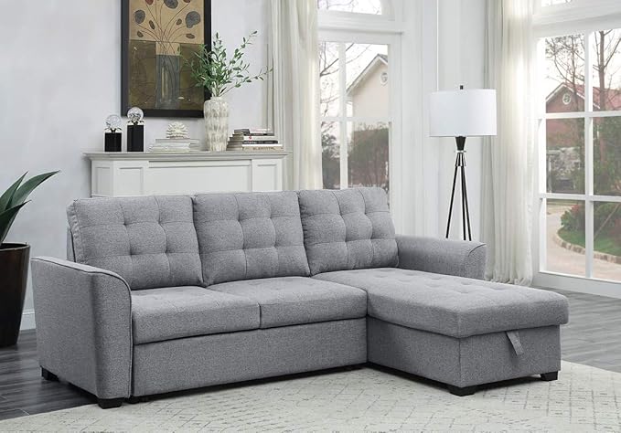 90.5" L Shaped Sectional Sleeper Sofa with Reversible Storage Chaise, Linen Couch Pull Out Bed for Living Room, Small Space, Apartment, Light Gray - LeafyLoom