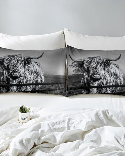 Highland Cow Bedding Set King Size Grey Bull Cattle Comforter Set Funny Farmhouse Wildlife Animal Duvet Set for Kids Boys Girls Teens Western Cowboy Style Down Comforter Adult Bedroom Decor - LeafyLoom