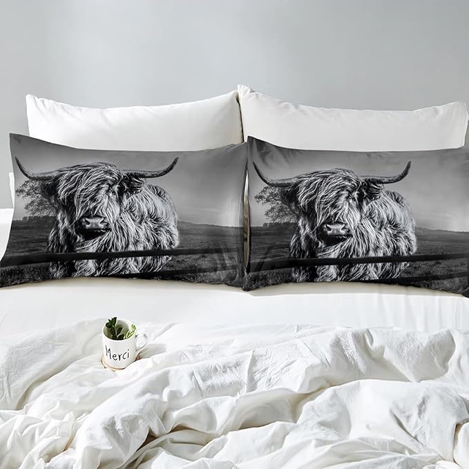 Highland Cow Bedding Set King Size Grey Bull Cattle Comforter Set Funny Farmhouse Wildlife Animal Duvet Set for Kids Boys Girls Teens Western Cowboy Style Down Comforter Adult Bedroom Decor - LeafyLoom