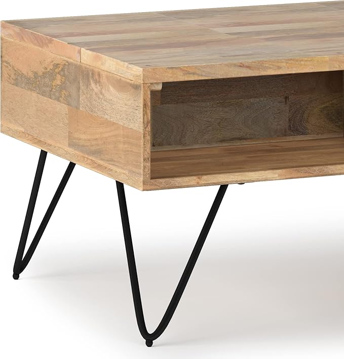 SIMPLIHOME Hunter SOLID MANGO WOOD and Metal 36 inch Wide Rectangle Industrial Contemporary Small Lift Top Coffee Table in Natural, for the Living Room and Family Room - LeafyLoom
