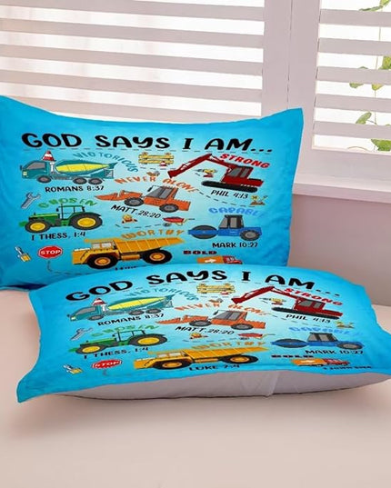 Boys Construction Vehicles Truck Comforter Set Queen,Christian Kids God Says I Am Construction Bedding Set,Car Excavator Tractor Bedroom Set（1 Comforter 2 Pillowcase） Blue - LeafyLoom