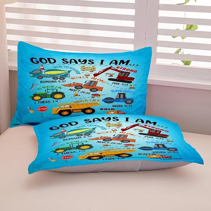 Boys Construction Vehicles Truck Comforter Set Queen,Christian Kids God Says I Am Construction Bedding Set,Car Excavator Tractor Bedroom Set（1 Comforter 2 Pillowcase） Blue - LeafyLoom