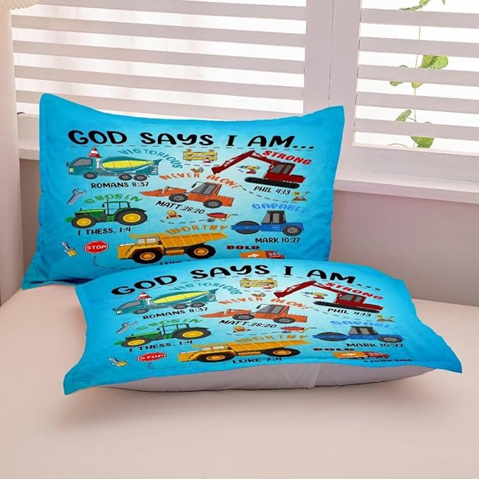 Boys Construction Vehicles Truck Comforter Set Full,Christian Kids God Says I Am Construction Bedding Set,Car Excavator Tractor Bedroom Set（1 Comforter 2 Pillowcase） Blue - LeafyLoom