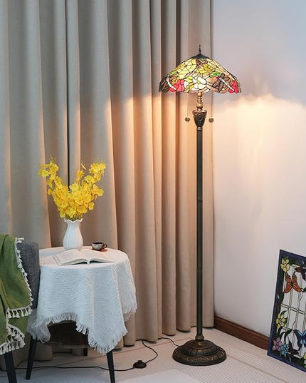 Tiffany Floor Lamp Dragonfly Style Spider Web Stained Glass for Living Room Bedroom Office Bright Lighting Rustic Corner Deco Standing Tall Vintage Unique Pull Chan Reading Aesthetic Lamps - LeafyLoom