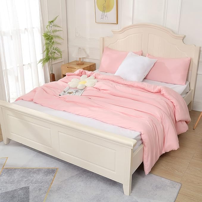Pink Comforter King Size, Aesthetic Modern Bedding Set for Girls/Women, Cute Soft & Lightweight Chic Microfiber Bed Sets, 3 pcs-1 Comforter & 2 Pillowcases (104x90 Inches) - LeafyLoom