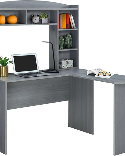 Techni Mobili Modern Hutch L-Shaped Computer Desk, Grey - LeafyLoom
