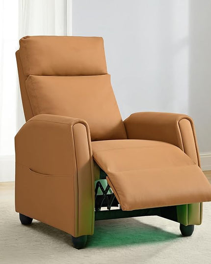 Recliner Chair for Adults PU Leather Push Back Armchair with 4 Colors Ambient Lighting Home Theater Seating with Massage & Heat Vibration Single Sofa for Living Room, Camel - LeafyLoom