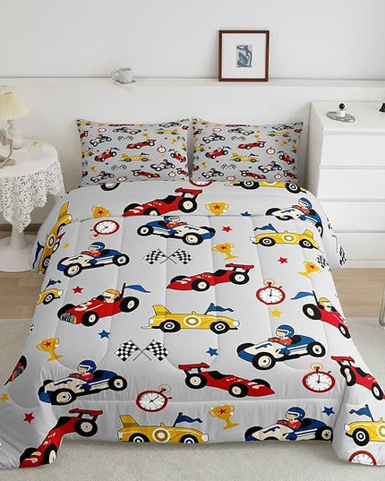 Feelyou Kids Cartoon Car Comforter Set Full Size Racing Car Bedding Set for Boys Girls Teen Kids Children Home Decor Racing Car Comforter Race Cars Quilt Bed Set Red Grey Bedding Set for All Season - LeafyLoom