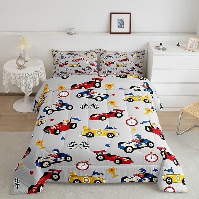 Feelyou Kids Cartoon Car Comforter Set Full Size Racing Car Bedding Set for Boys Girls Teen Kids Children Home Decor Racing Car Comforter Race Cars Quilt Bed Set Red Grey Bedding Set for All Season - LeafyLoom
