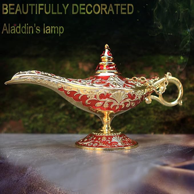 Legend Aladdin Lamp Magic Genie Wishing Light, Classic Arabian Nights Costume Props Lamp Table Decor for Home Wedding Party Halloween Birthday Beautiful Gift Toy for Women Girl (Red & Gold) - LeafyLoom