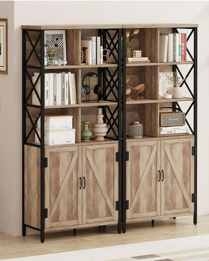 FATORRI Bookshelf with Doors, Rustic Tall Bookshelf with Cabinet, Industrial Farmhouse Book Shelf and Cube Organizer Bookcase for Living Room (Rustic Oak) - LeafyLoom