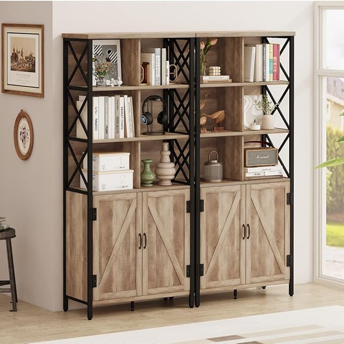 FATORRI Bookshelf with Doors, Rustic Tall Bookshelf with Cabinet, Industrial Farmhouse Book Shelf and Cube Organizer Bookcase for Living Room (Rustic Oak) - LeafyLoom