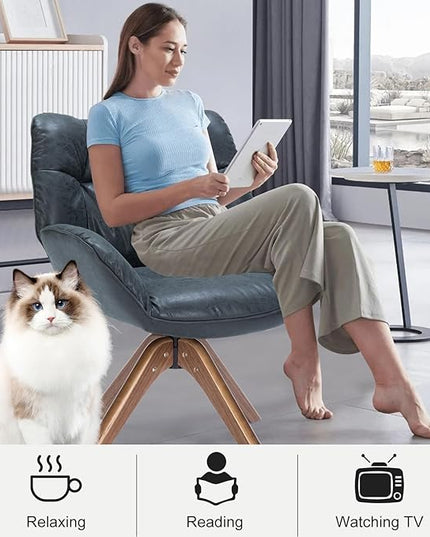 Faux Leather Accent Chair, Modern Cozy Vanity Chair with Wood Legs, Upholstered Single PU Leather Boucle Armchair for Living Room Bedroom Office Guest Room (Black) - LeafyLoom
