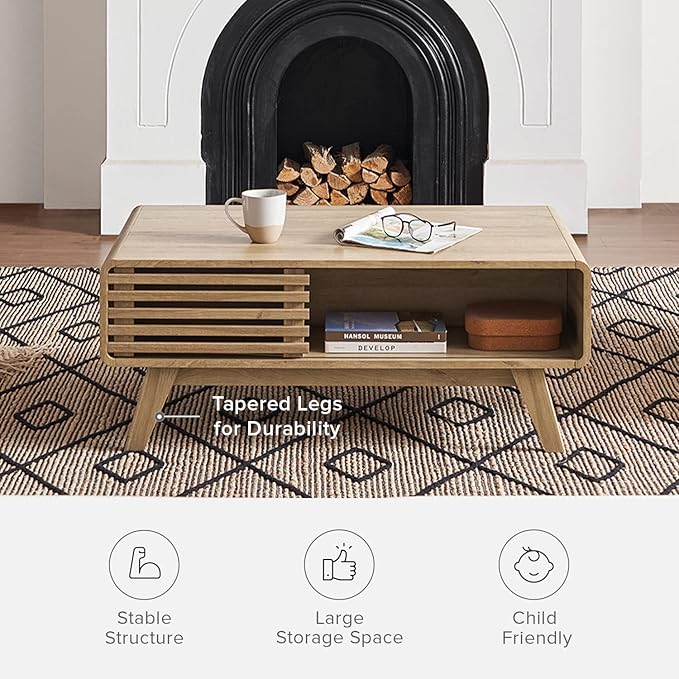 mopio Ensley Coffee Table, Mid Century Modern Table with Storage, Farmhouse Wood Coffee Table for Living Room Fluted (Oak) - LeafyLoom