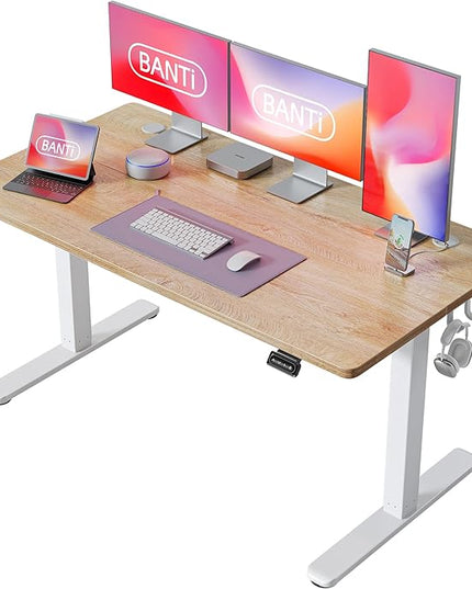 BANTI 63'' Standing Desk, Electric Stand up Height Adjustable Home Office Table, Sit Stand Desk with Splice Board, Maple - LeafyLoom