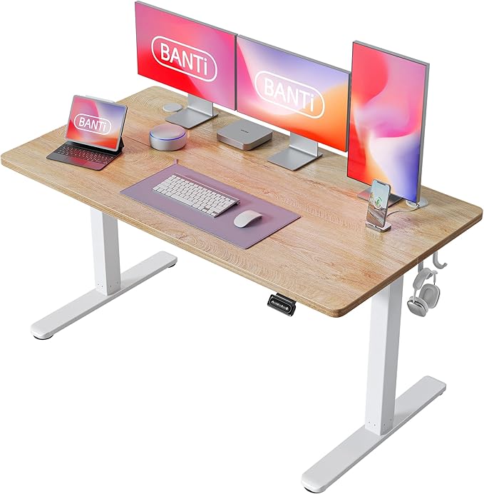 BANTI 63'' Standing Desk, Electric Stand up Height Adjustable Home Office Table, Sit Stand Desk with Splice Board, Maple - LeafyLoom