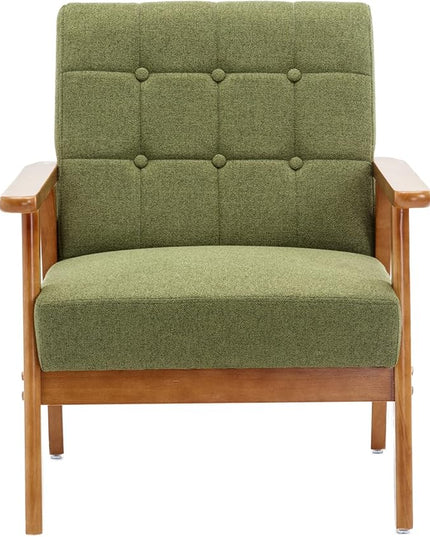 Mid-Century Accent, Modern Single Armchair, Upholstered Leisure Lounge Chair wth Solid Wood Armrest and Feet for Living Room, Bedroom, Office, Green - LeafyLoom