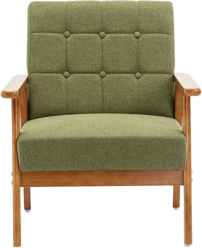 Mid-Century Accent, Modern Single Armchair, Upholstered Leisure Lounge Chair wth Solid Wood Armrest and Feet for Living Room, Bedroom, Office, Green - LeafyLoom